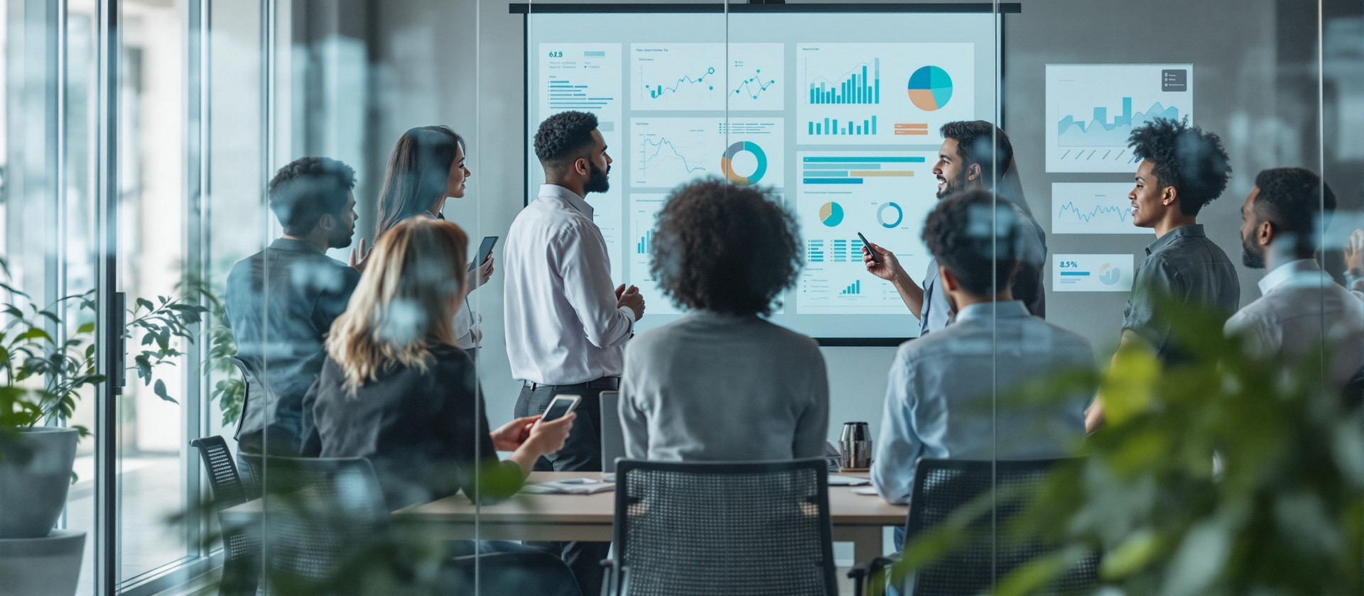 Team discusses data and ideas collaboratively in a modern, professional workspace.